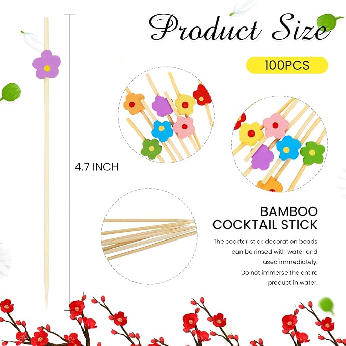 100PCS Colorful Flower Cocktail Picks 4.7 Inch, Fancy Toothpicks - Image 2