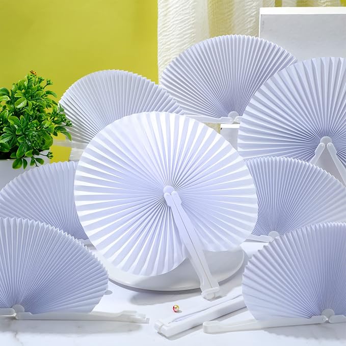 Yulejo 100 Packs White Wedding Fan Round Folding Paper Fans - Image 5