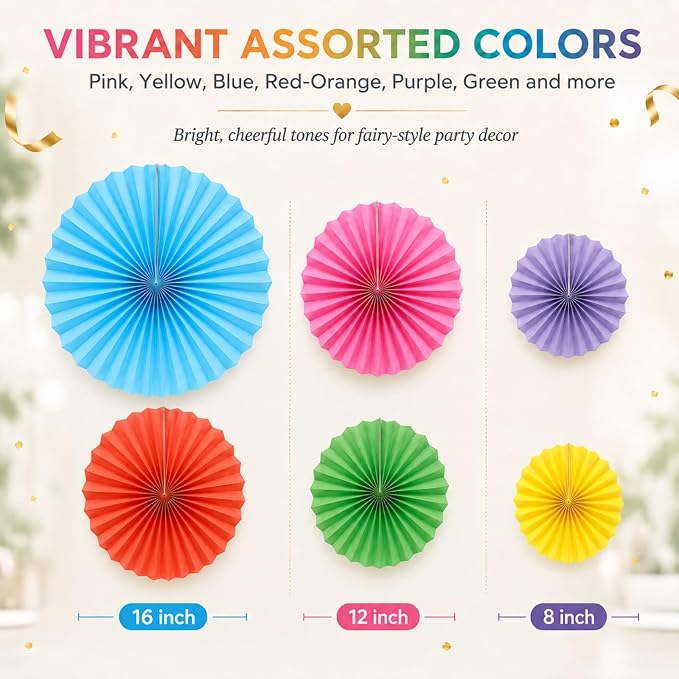 6-Pack Colorful Paper Fans, Hanging Party Decorations | Round Pattern Rosettes - Image 2