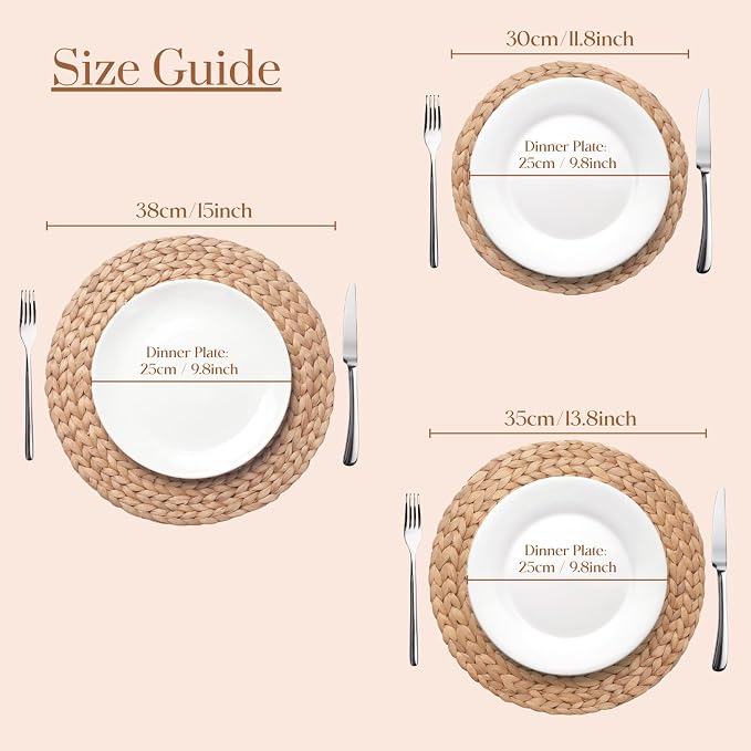 6 Pack, Round Woven Placemats, Natural Water Hyacinth Place mats, Braided Straw - Image 3