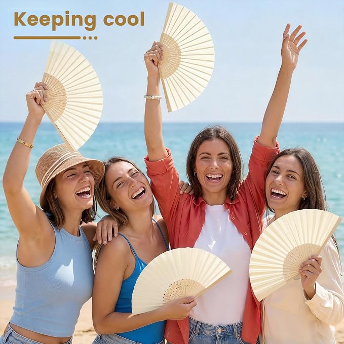 Qunclay 60 Pcs White Paper Hand Fans Bulk Bamboo Folding Handheld Wedding Fans - Image 6