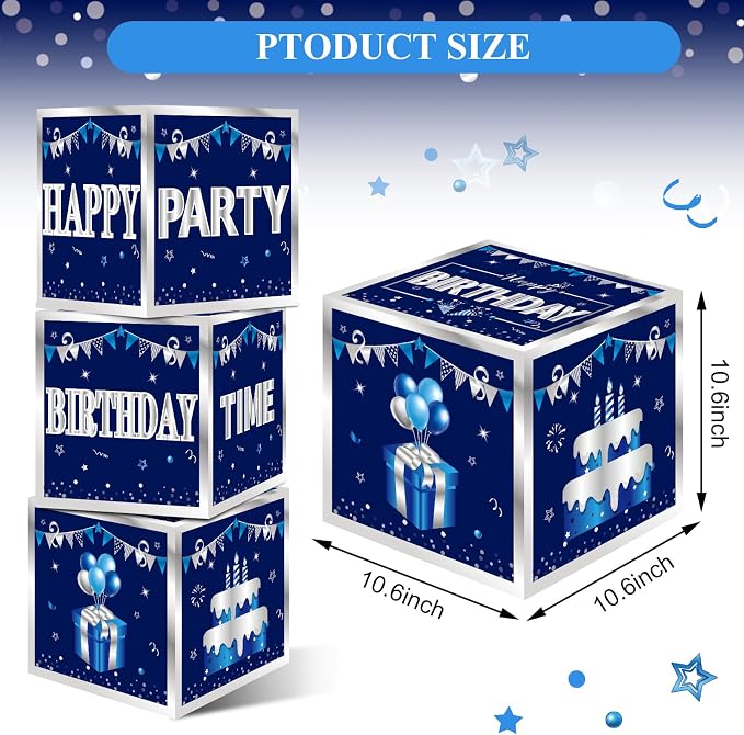 Turypaty Blue Silver Happy Birthday Decorations Boxes - Image 2