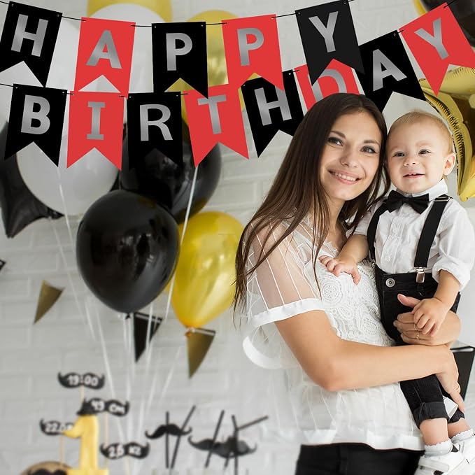 Hooqict Happy Birthday Banner Red Silver Black Happy Birthday Decorations - Image 4