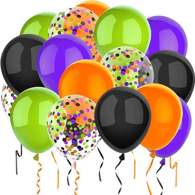 50 Pcs 12 Inch Halloween Balloons Orange Black Purple Green Confetti Balloons by PheiLa