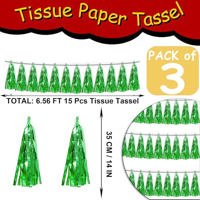 3P Green Tassel Banner Garland Metallic Foil Fringe Banner Tinsel Tassels - Image 2