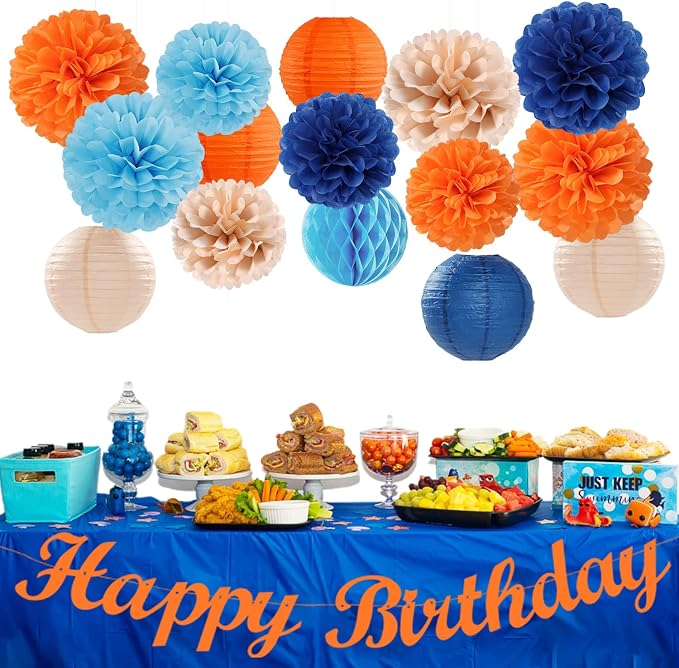Navy-Blue Orange Champagne Party-Decorations Paper-Flowers - Image 5