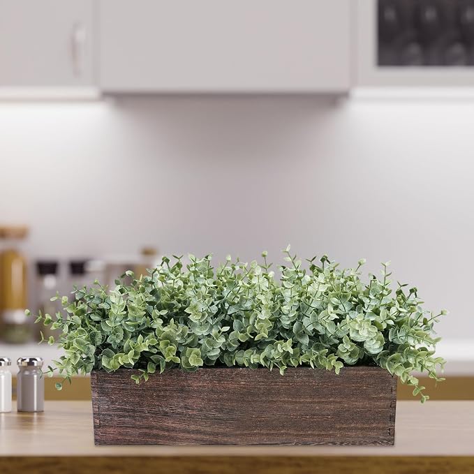 Winlyn 14" Artificial Eucalyptus in Rectangular Wood Planter Box Faux Plants - Image 8