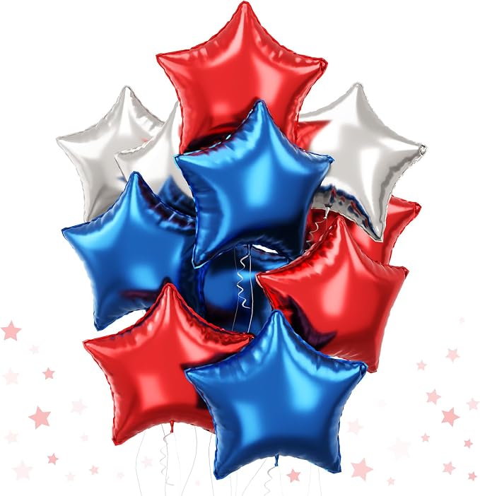 Blue Red Star Balloons, 18 Inch 12Pcs Navy Blue Red and Metallic Silver Stars by TAOYE