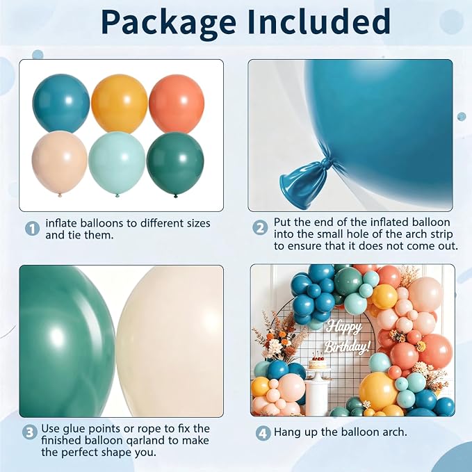 Boho Rainbow Retro Colorful Balloon Arch Kit, Party Decor | Teal Blue, - Image 3