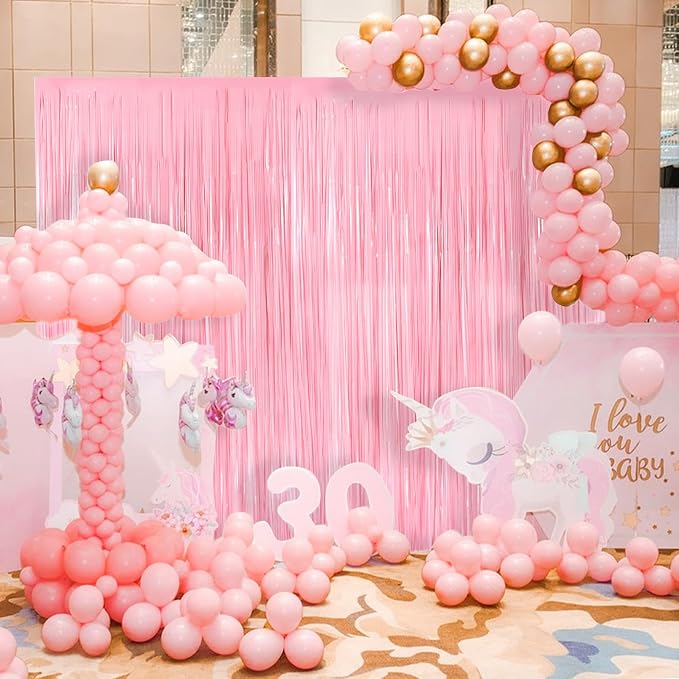 Pastel Pink Metallic Tinsel Foil Fringe Curtains, 2 Pack 3.3x8.3 Feet Tinsel - Image 3
