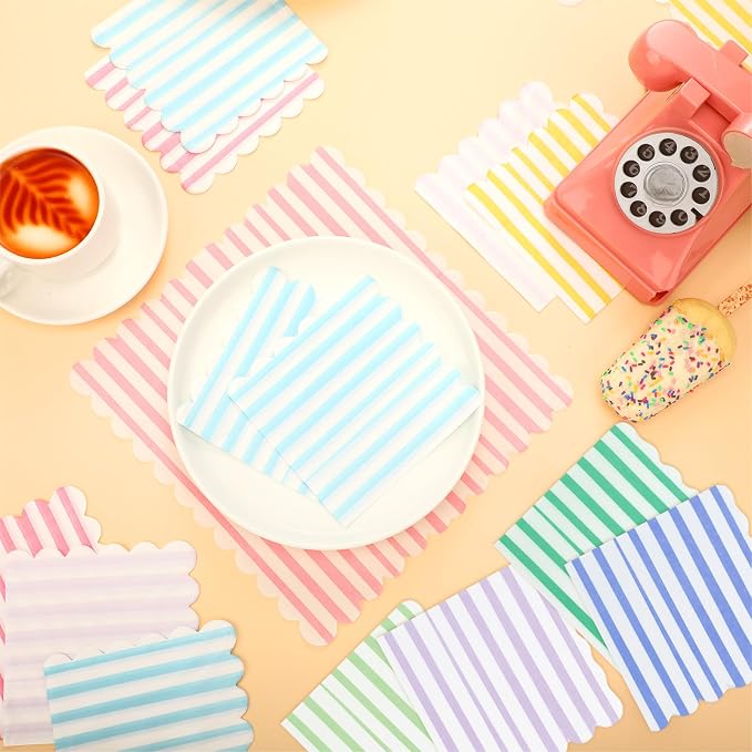 Tenceur 100 Pack Scalloped Pastel Napkins Mixed Stripe Ice Cream 5 x 5 Inch - Image 5