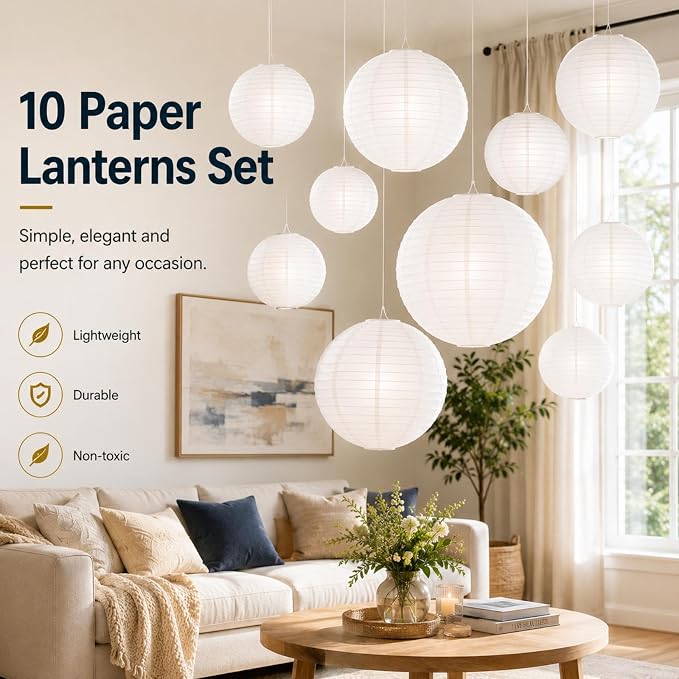 LIHAO 10 Pack White Paper Lanterns, 6/8/10/12 Inch, Wedding Party Decor | - Image 2