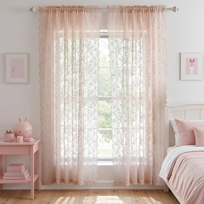 Blush Pink Floral Sheer Lace Curtains - Image 5