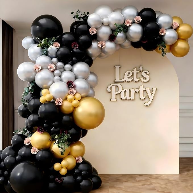 143Pcs Black Gold Silver Balloon Garland Arch Kit | Black Gold Silver Latex - Image 3