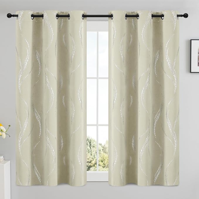 Yakamok Cream Light Blocking Curtains 54 Inches Long Silver Print Wide 42" | - Image 2