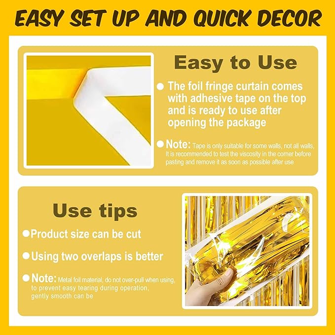 6 Pack Gold Foil Fringe Curtains Backdrop, 3.28 x 8.2 Ft Metallic Streamers Tinsel Curtains Background for Photo Booth, Birthday, Weddings, Carnivals, Graduation, Themed Party Decorations