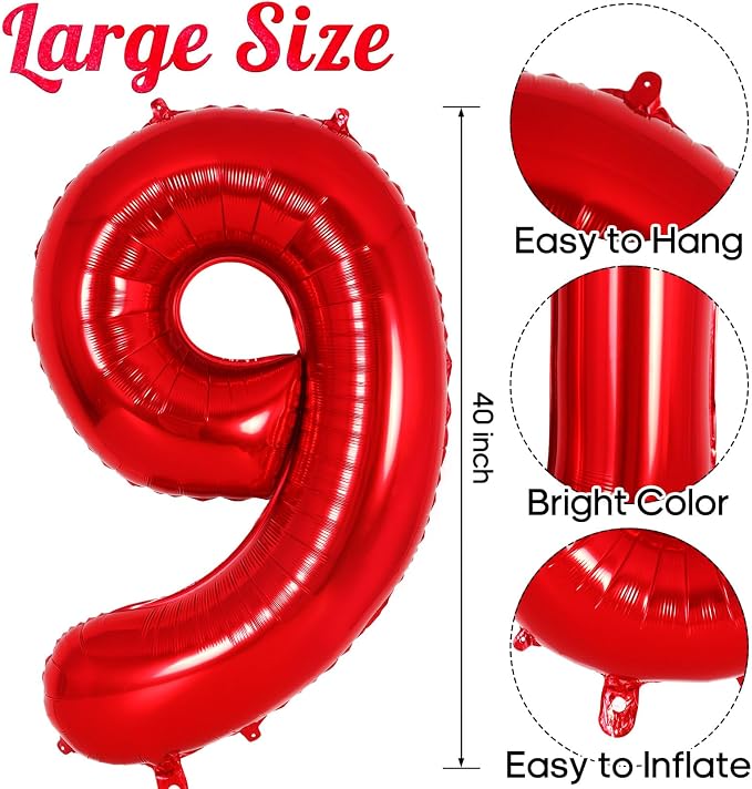 Red Number 9 Balloon 40 Inch, Big Large Foil Helium Number Balloons, Jumbo - Image 3