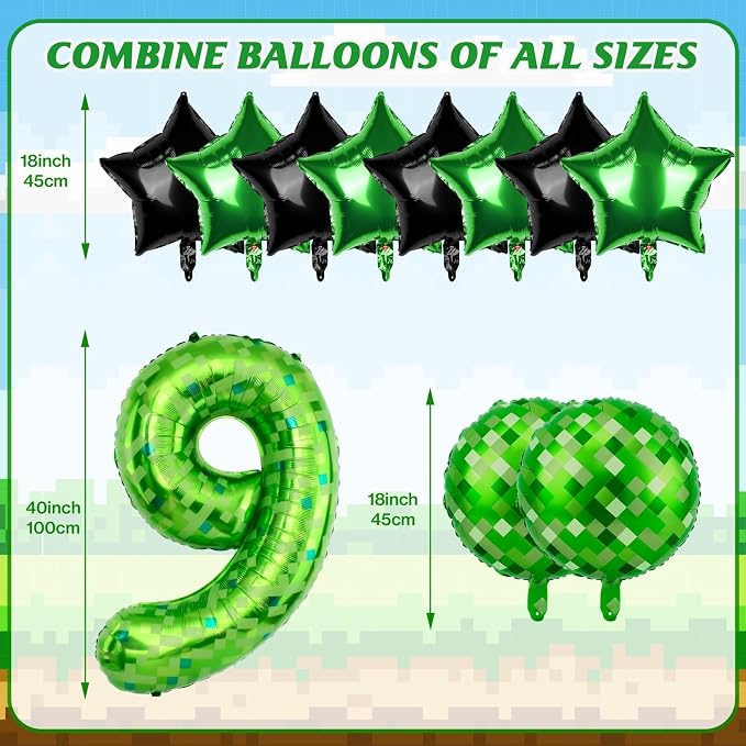 40 Inch Green Pixel Themed Number 9 Balloon Set Foil Balloon - Image 2