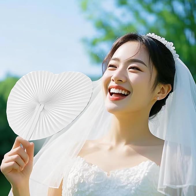 60 Pcs White Heart Paper Fans | Foldable Handheld Fans - Image 3