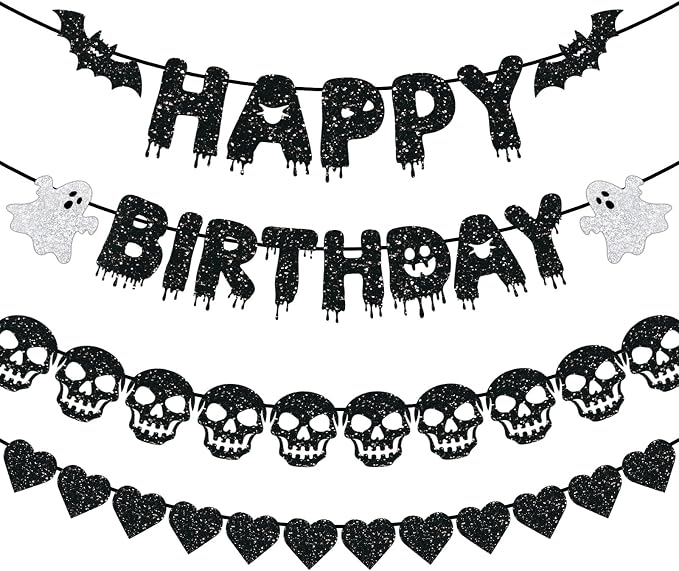 Black Glitter Happy Birthday Banner, Happy Birthday Party Decorations by Wakeys