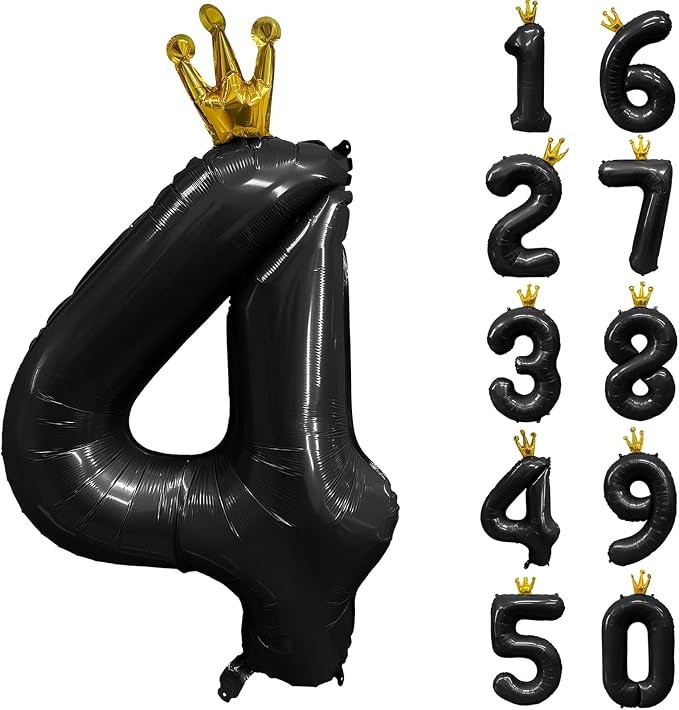 Black Number 4 Balloon with Crown, 40 inch Black Number Balloon 4th Birthday by Yeodong