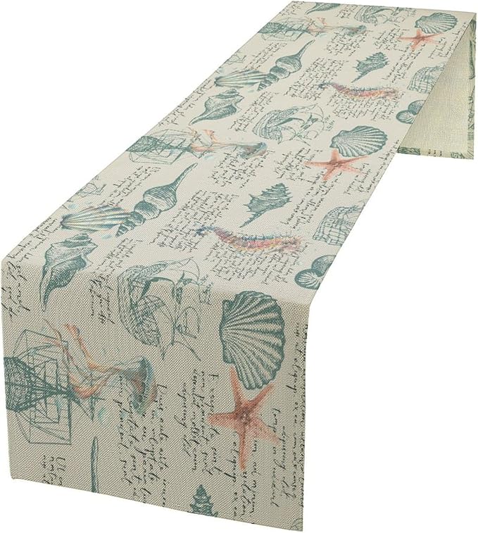 Starfish Table Runner,Seashells Beach Coastal Nautical Sailboat Jellyfish Vintage Hand Drawn Burlap for Hotel Indoors Outdoor Dining Room Kitchen Table Decor, 13x60in
