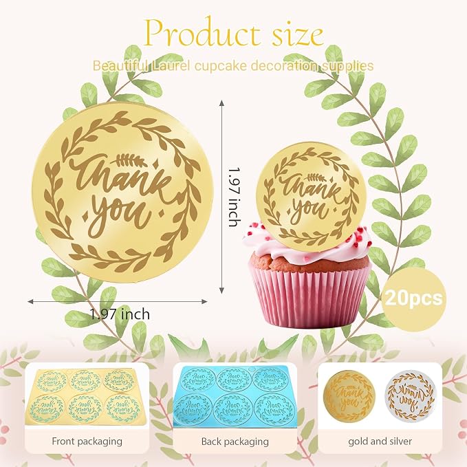 20Pcs Gold Thank You Cupcake Toppers DIY Cake Toppers - Image 2