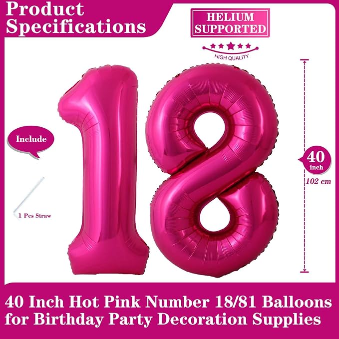 Hot Pink 18 Number Balloons, 40 Inch Giant Number 18 Balloons Foil Mylar Helium - Image 2