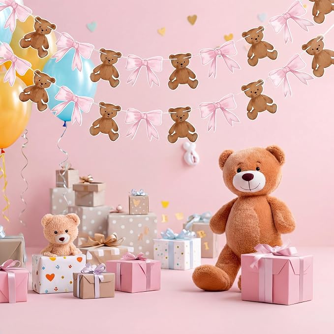 2 Pcs Pink We Can Bearly Wait Banner 6.56 ft Bear Theme Baby Shower Decorations - Image 7