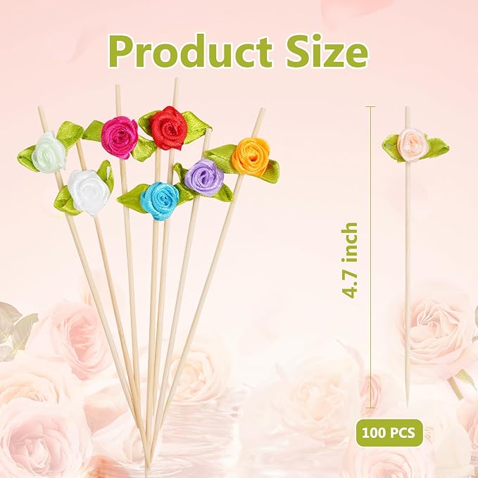 100PCS 4.7" Flower Cocktail Picks, Ribbon Rose Toothpicks Appetizer Skewers | - Image 7