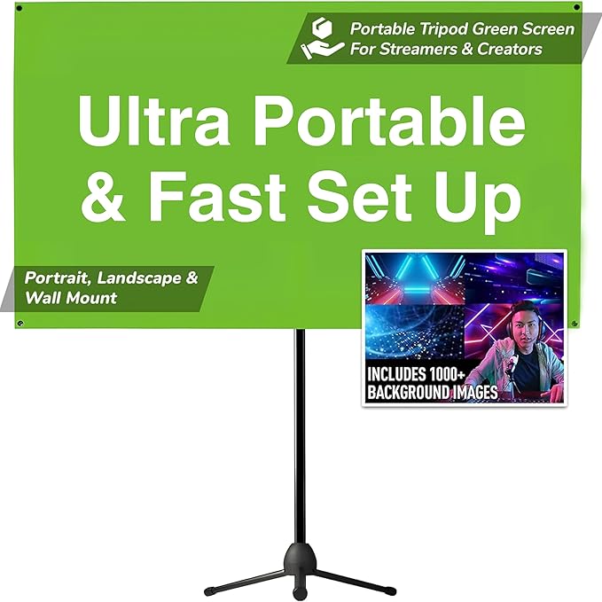 Valera 90in Green Screen Backdrop with Stand for Streaming, Ultra Portable 2 Min Setup, Portrait & Landscape, Tripod & Wall Mount, for Tiktok Zoom Video Meetings & More, +1k Free Backgrounds Included