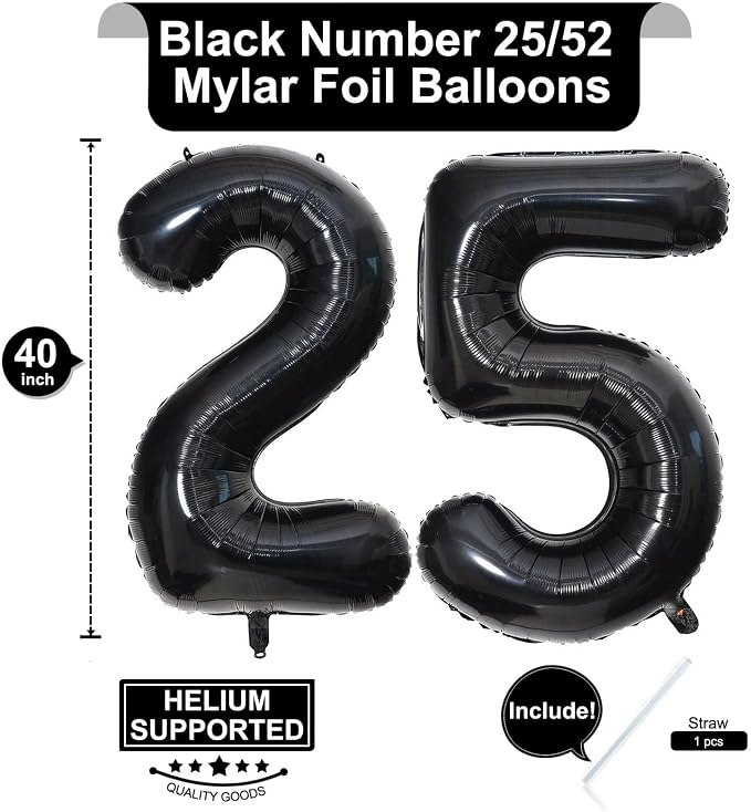 40 Inch Black 25 Number Balloons Giant Jumbo Huge 25 or 52 Foil Mylar Helium - Image 2