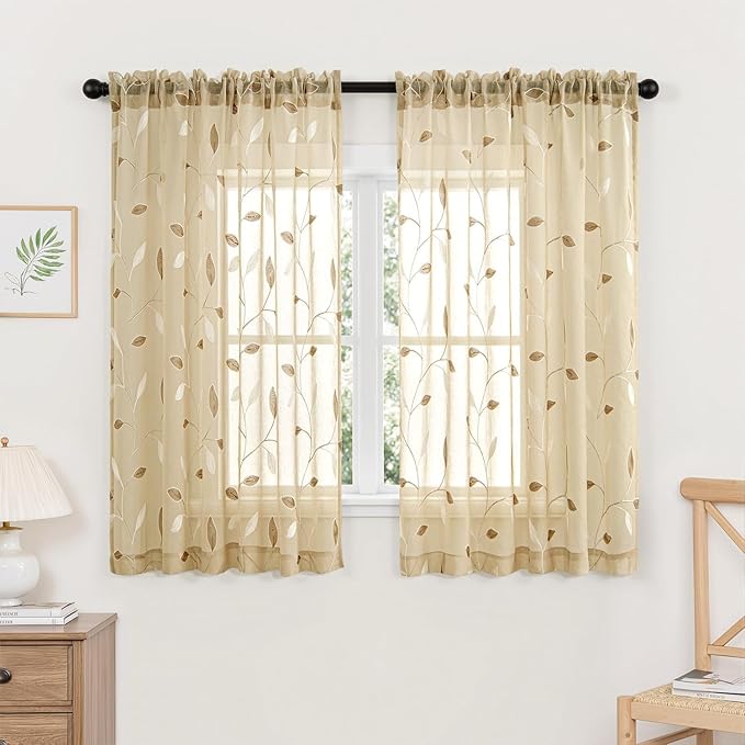 MIULEE Beige Sheer Curtains 2 Panels Embroidered Leaf Patterned, W52 x L45 | by MIULEE
