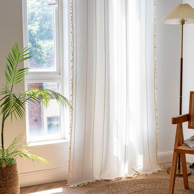 Sutuo Home White Boho Curtains for Bedroom Living Room, Semi Blackout Chic - Image 3