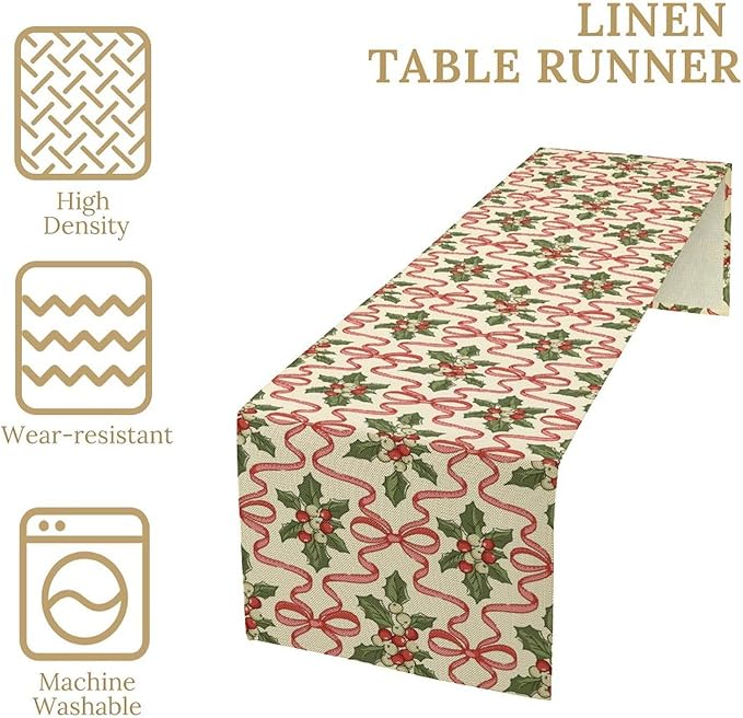 Christmas Table Runner,Xmas Holiday Bowknot Decor Table Cloth Kitchen Dining Table Decoration for Home Party Decor 13x120 Inch