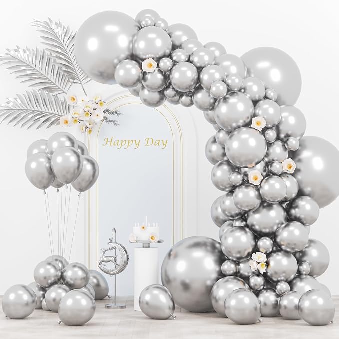 Voircoloria 130pcs Metallic Silver Balloons Arch Kit, 18 12 10 5 Inch | by Voircoloria
