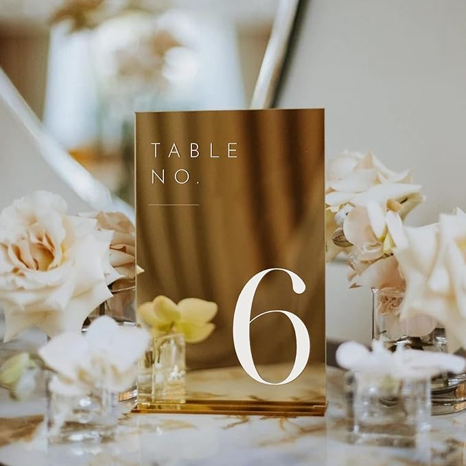 JINMURY Gold Wedding Table Numbers 1-30 with Stands, 5"x7" Gold Mirror Acrylic Table Numbers, Perfect for Wedding Reception, Party, Anniversary, Event