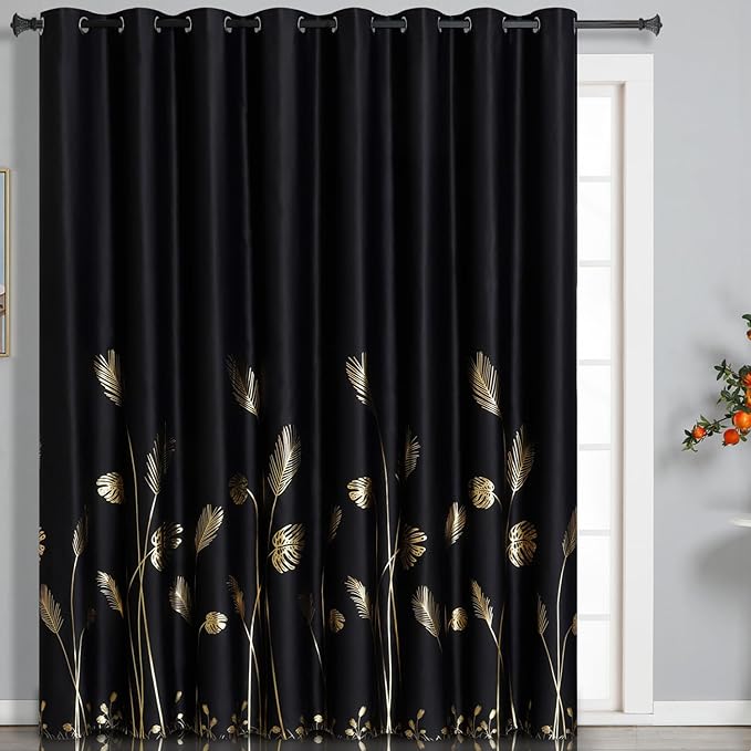 Wide Blackout Curtain for Sliding Door 100W x 96L Inch Gold Print Palm Thermal by ESTELARTEXTILER