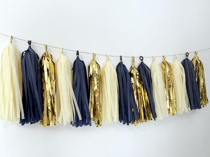 15 PCS Navy Blue Gold Mylar Tassels Garland Tissue Paper Tassels Banner DIY Kit - Image 2
