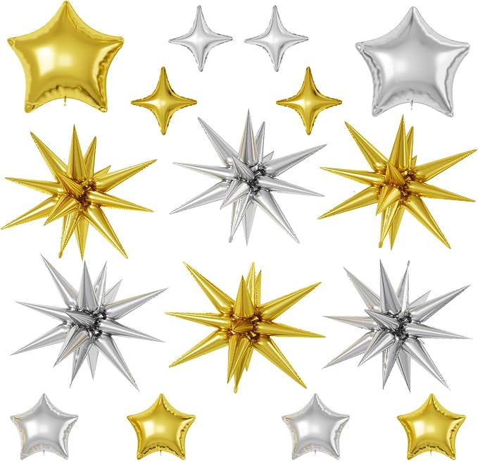 Gold Silver Star Balloons, 22/18/10 Inch Foil Balloons, Four-Pointed Balloon by Sowide