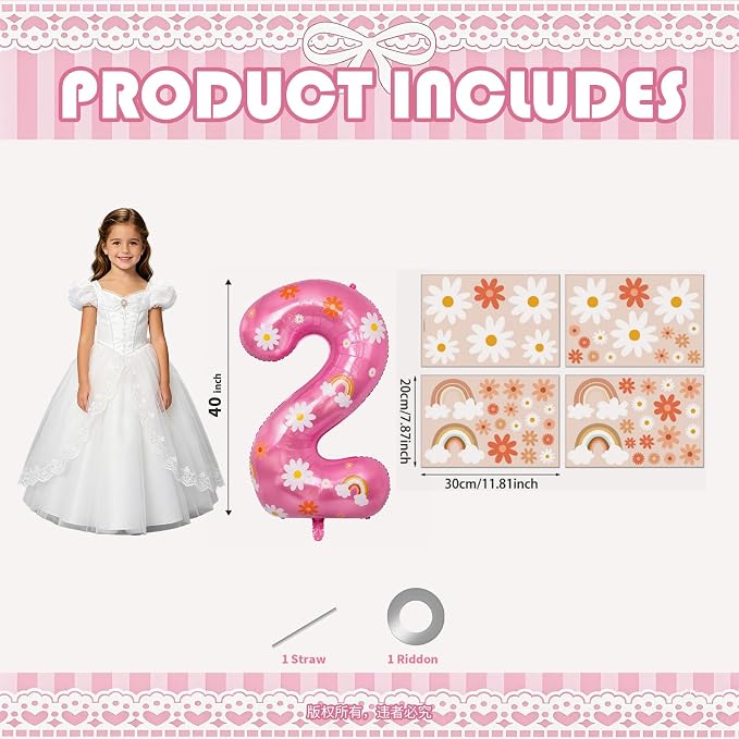 2nd Birthday Daisy Balloon, 40 Inch Pink Number 2 Boho Party Decor | Daisy - Image 3