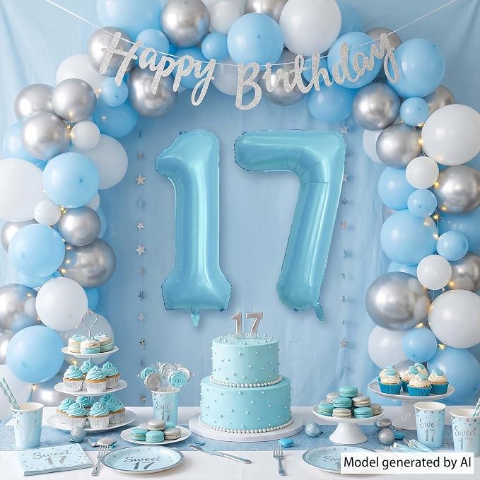 Pearlescent Blue Number 17 Balloon 40 Inch, Giant Light Blue Foil 17th Birthday - Image 6