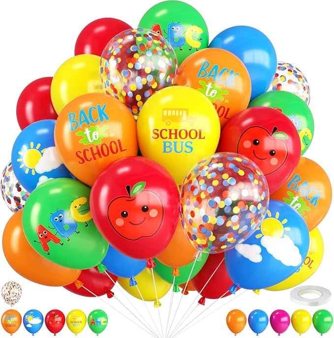 Back to School Balloons, 12 Inch Rainbow School Bus Apple ABC Printed Balloon by FEYG