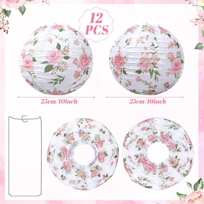 Honoson 12 Pcs Pink Rose Paper Lanterns Spring Floral Party Decorations Hanging - Image 2