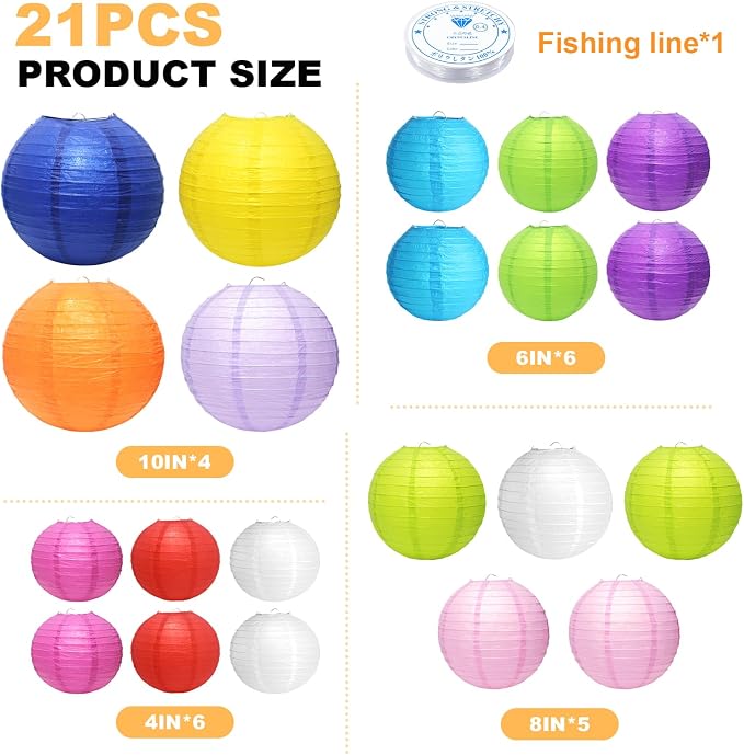 21Pcs Multicolor Paper Lanterns, 4-10in Hanging Decor, Wedding Birthday | - Image 2