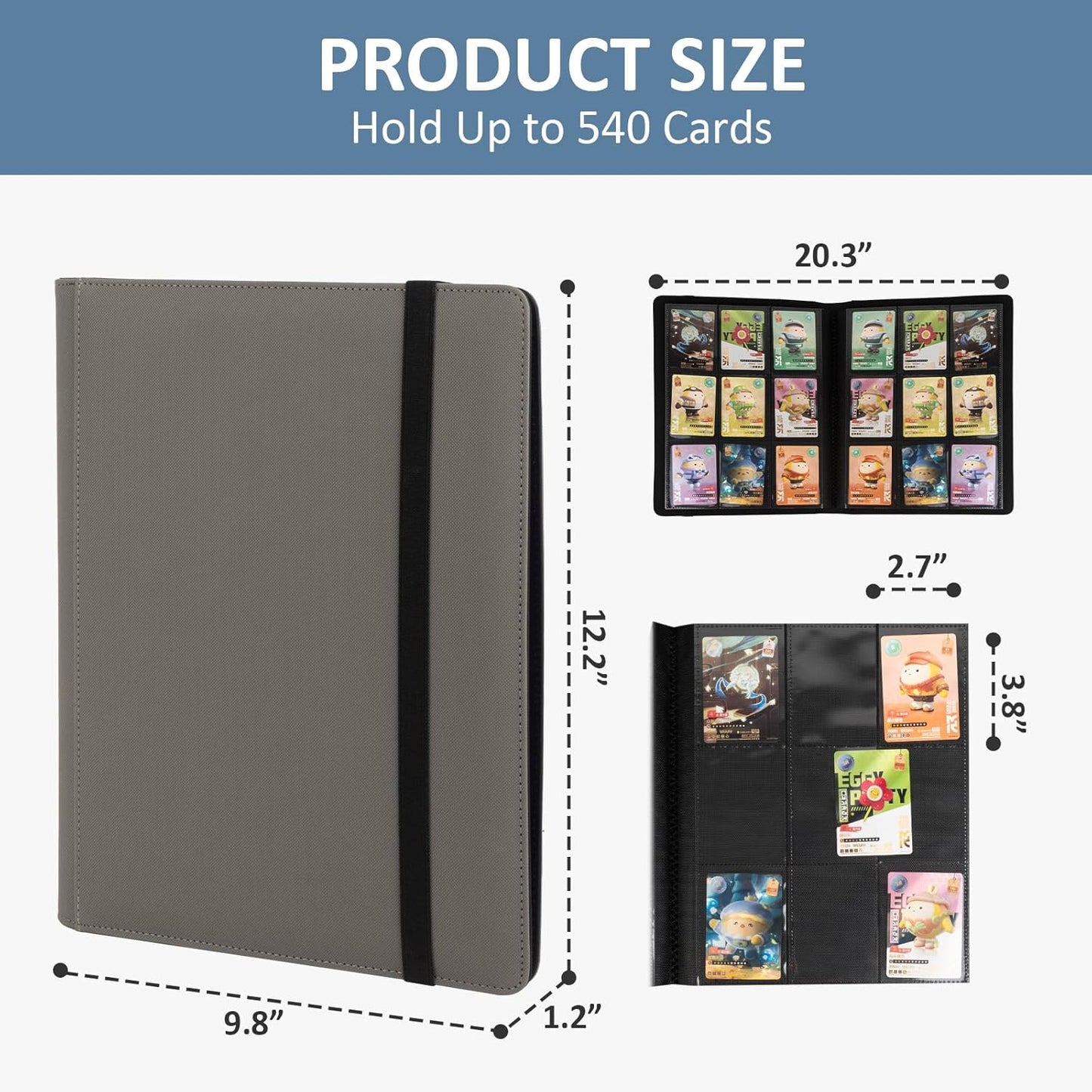 Trading Card Binder 9 Pocket, Fvxldcz PU Cover Card Collection Binder 540 Cards Sleek Side-Loading Card Album, Sturdy Card Collection Folder for TCG, MTG, Yugioh, Sport Cards (Gray-2)