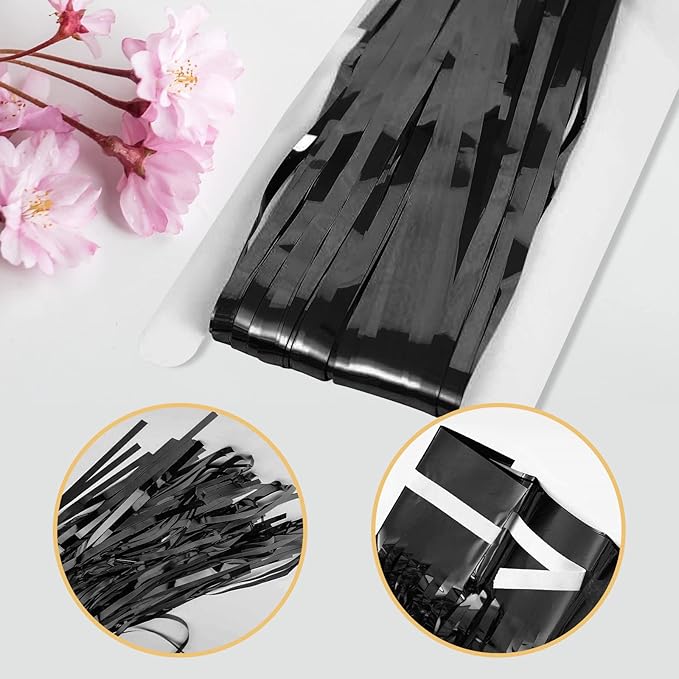5 Pack Black Fringe Backdrop 3.2ft x 8.2ft Foil Curtain Tinsel Streamers for Birthday Party Decoration Wedding Christmas (Black)