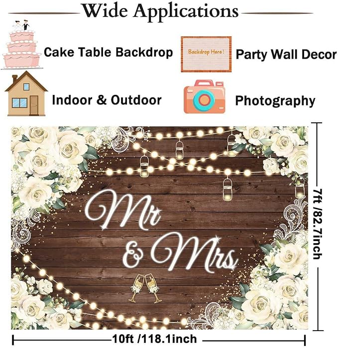 10x7ft Floral Mr and Mrs Engagement Decorations Backdrop White Flowers Wooden - Image 7