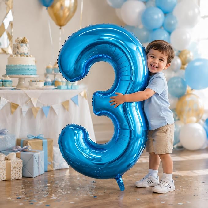 40 Inch Blue Number 3 Balloon, Giant Number Balloons, Birthday Decorations | - Image 4