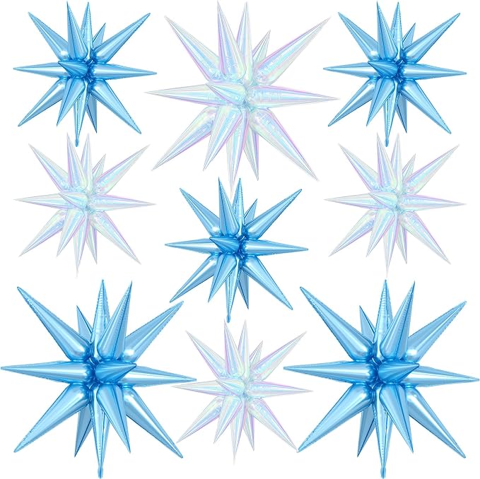 9Pcs Light Blue and Iridescent Star Balloons, Large Explosion Foil Balloons by Dagelar